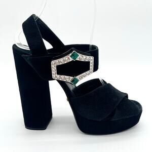 Prada Black Suede Crystal Chunky Criss Cross Block Heel Platform Sandals IT 37.5